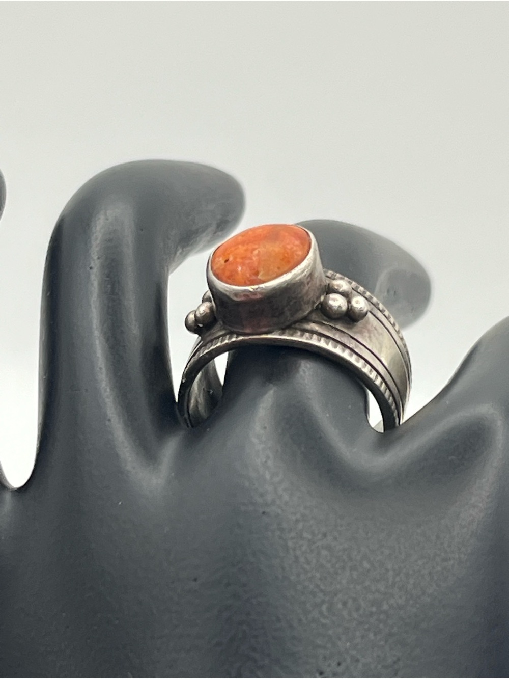 Native American Cortiz corn stalk sterling silver orange cabochon ring size 7.5 - Picture 6 of 15